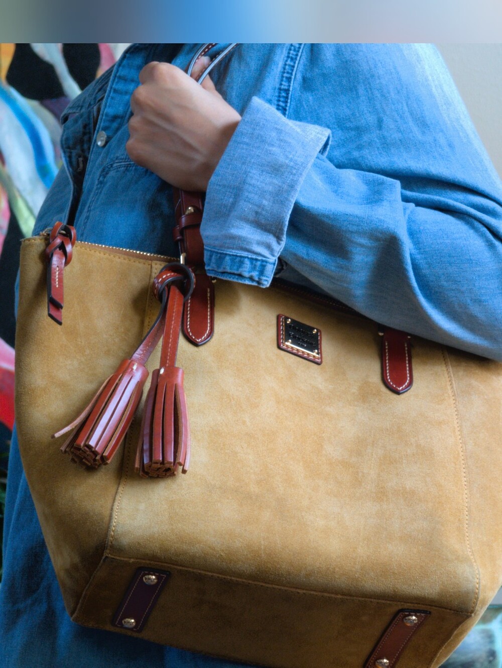 Dooney & Bourke Maxine Chamois Yellow Suede Tote Bag - Picture 12 of 14